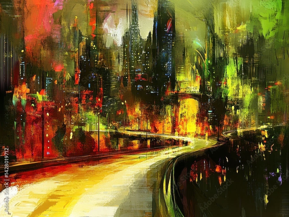 Fototapeta premium Vibrant, abstract cityscape at night, showcasing futuristic architecture.