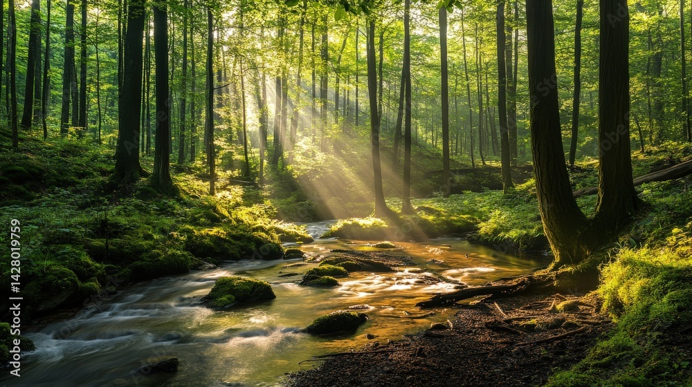Obraz premium Sunlight streams through a tranquil forest creek.