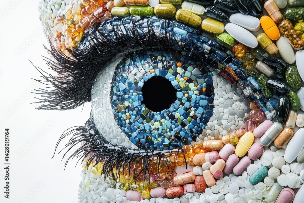Obraz premium Close-up of human eye made from colorful pills and capsules, creative healthcare concept, artistic representation, medical innovation, World Health Day, healthcare art