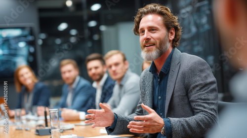 Business leader engaging colleagues in a meeting with enthusiasm  