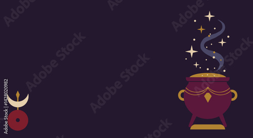 Magical cauldron emitting smoke and stars on dark background  Magic ritual