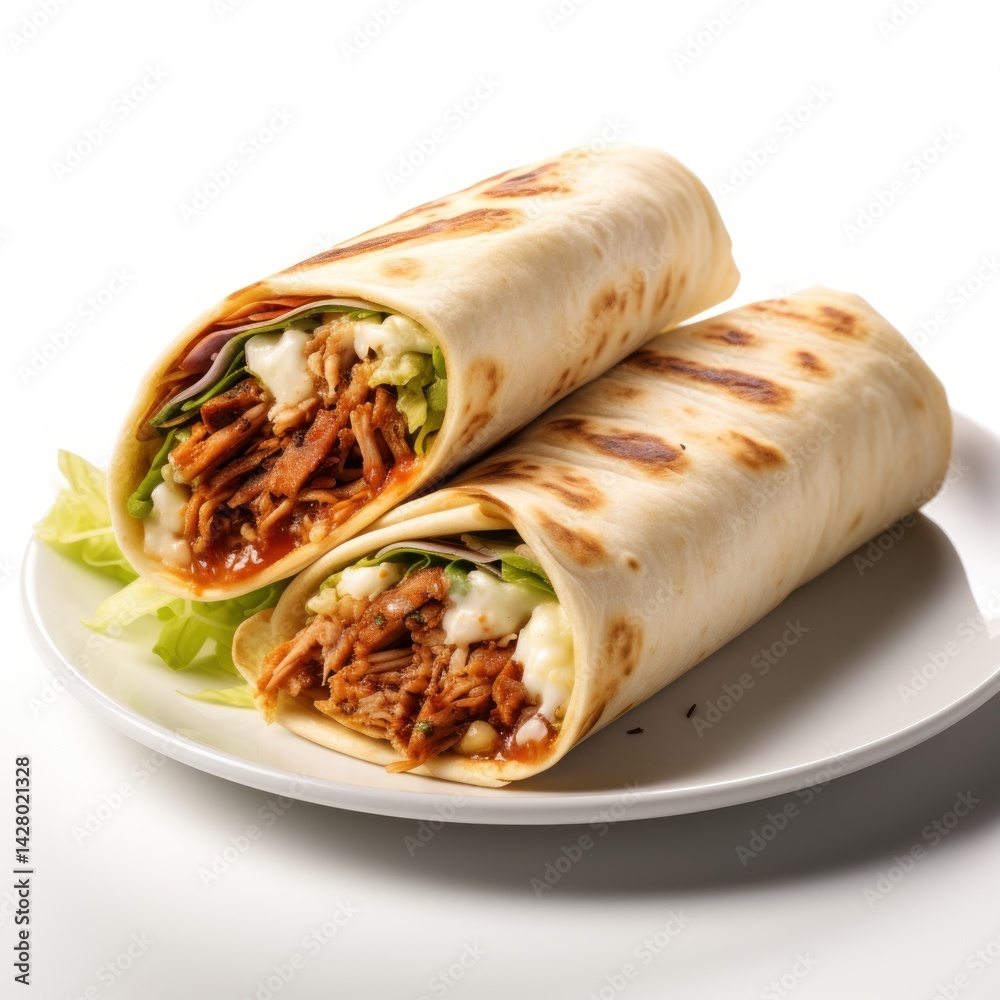 A chicken shawarma wrap cut into two halves, placed side by side on a bright white plate for a clean look, isolated against a white background, showcasing the vibrant ingredients and textures. A chicken shawarma wrap cut into two halves, placed side by side on a bright white plate for a clean look, isolated against a white background, showcasing the vibrant ingredients and textures.