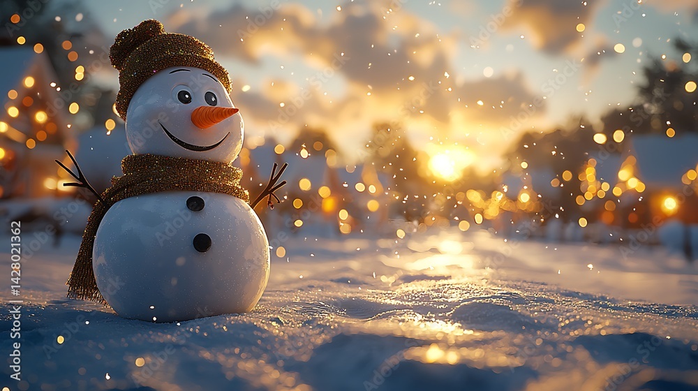 Fototapeta premium Cheerful snowman in a snowy landscape at sunset, with twinkling lights in the background