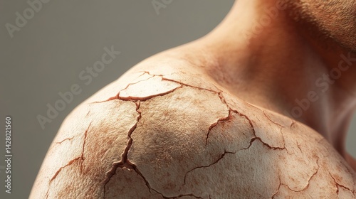 33.A detailed image of a shoulder with noticeable skin flaking and redness, caused by dryness and dehydration. The skin appears cracked and irritated, indicating a dermatological problem. The front