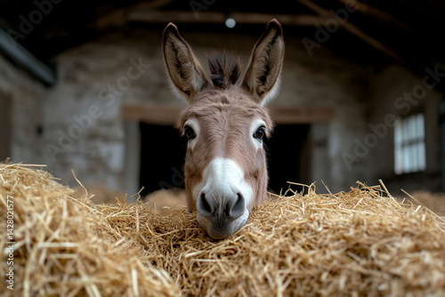 Donkey with hay bale in background, old stable wall behind  photo