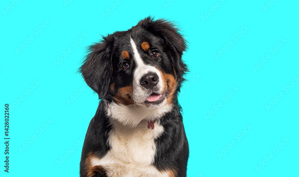 Head shot of a happy Bernese mountain dog panting against blue background Head shot of a happy Bernese mountain dog panting against blue background
