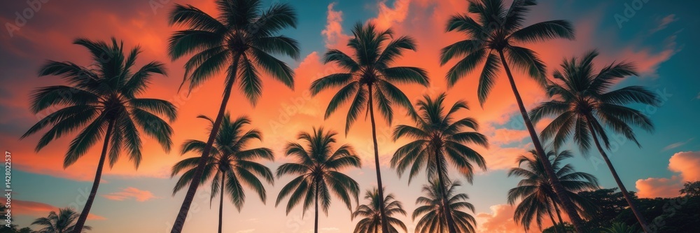 Vibrant Palm Trees Illuminated by Golden Sunset Light Against a Dramatic Sky in a Tropical Paradise Vibrant Palm Trees Illuminated by Golden Sunset Light Against a Dramatic Sky in a Tropical Paradise