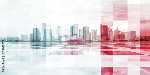 Abstract cityscape illustration with geometric patterns.