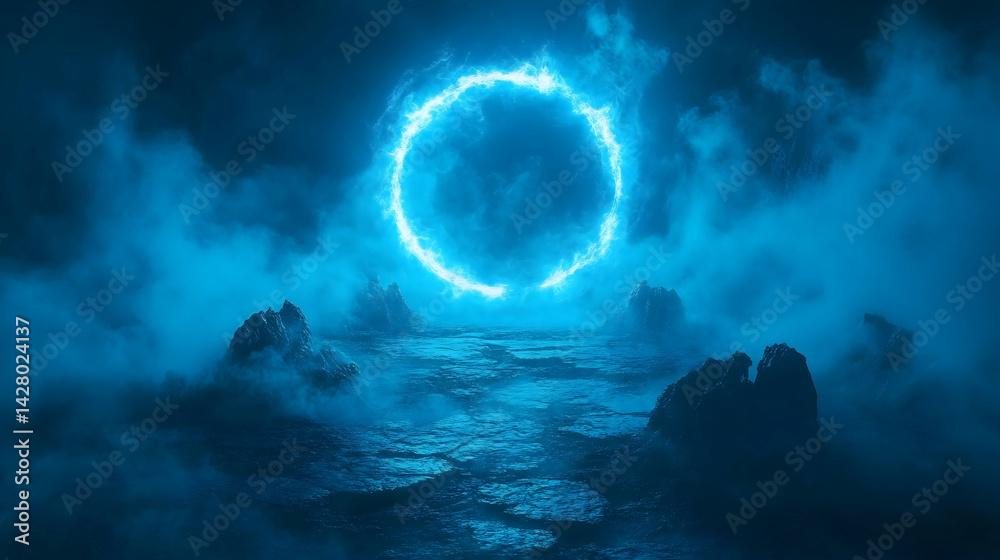 Glowing portal over a dark rocky terrain shrouded in fog with a blue light Glowing portal over a dark rocky terrain shrouded in fog with a blue light