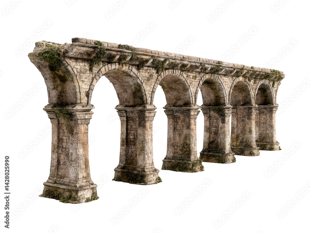 Fototapeta premium Ancient stone arch bridge ruins architectural detail 3d model render old on transparent background