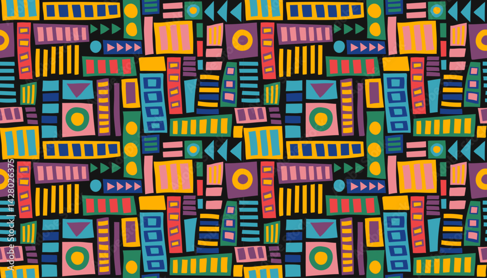 Fototapeta premium Hand drawn abstract seamless geometric pattern. African ethnic colorful background. Vector shapes banner in flat style.