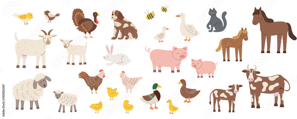 Fototapeta premium Set of farm animals isolated on white. Farming and livestock concept cliparts. Vector flat hand drawn animals background.