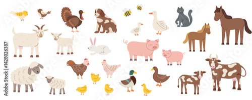Set of farm animals isolated on white. Farming and livestock concept cliparts. Vector flat hand drawn animals background.