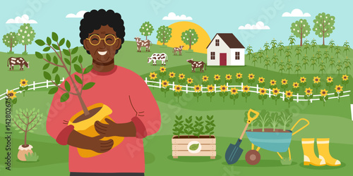 Sustainable and regenerative farming concept. Nature spring farming and gardening background. Farmer holding sapling in front of the farm. Vector flat banner.