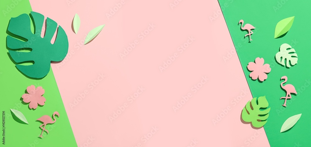 Paper tropical leaves, flowers and flamingos on color background with space for text