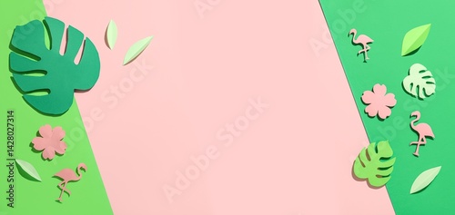 Obraz na płótnie Paper tropical leaves, flowers and flamingos on color background with space for text w salonie
