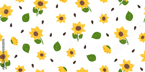 Nature seamless pattern of sunflowers isolated on white. Nature, gardening, agriculture concept. Vector banner in flat style.