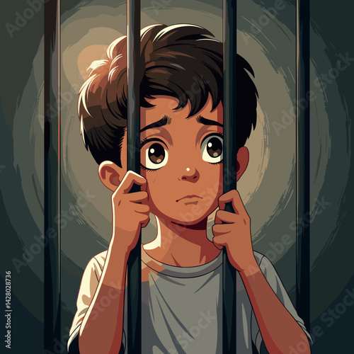 Young boy feeling trapped in cage of self-doubt, emotional struggle