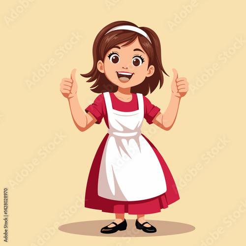 Cheerful girl giving thumbs up in red dress, positivity and encouragement