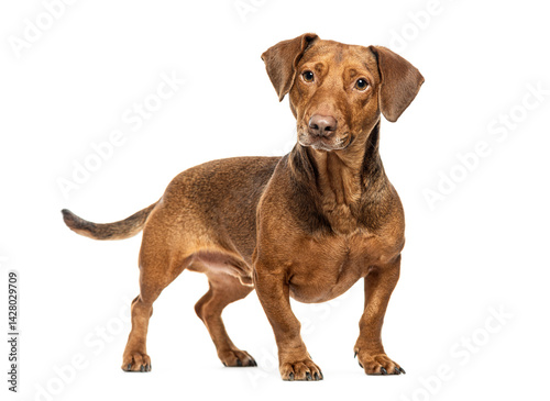 Brown dachshund standing on white background