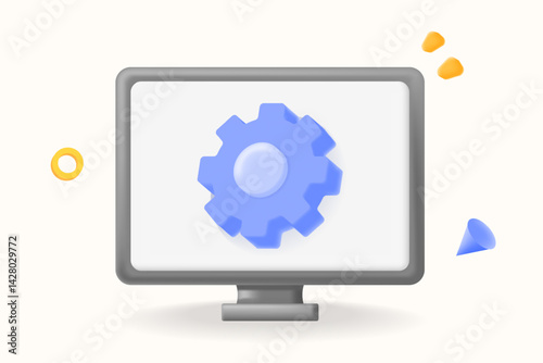 3D illustration vector, gear icon. system settings and software configuration on a computer screen. IT support, software development