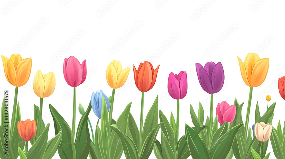 Naklejka premium Vibrant Multicolored Tulips Spring Floral Border, PNG