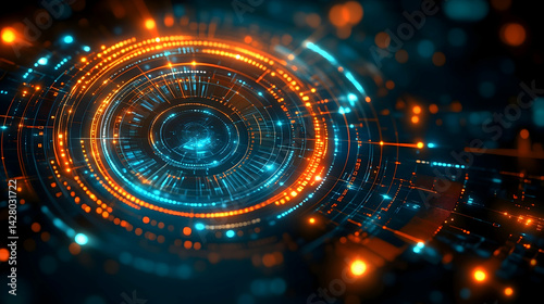 Abstract concentric circles glow blue and orange Technological feel with a dark background and bokeh effect