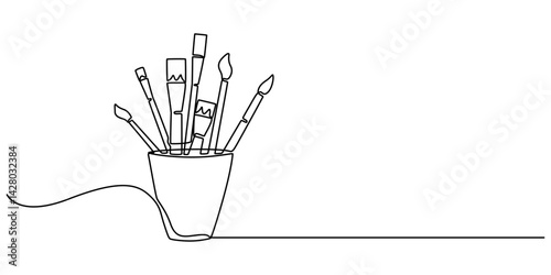 Continuous one line drawing of pencils and brushes in a glass. Brush and pencils in single line draw illustration. Editable stroke, Stationery container with pencil, pens, rulers outline drawing pro..