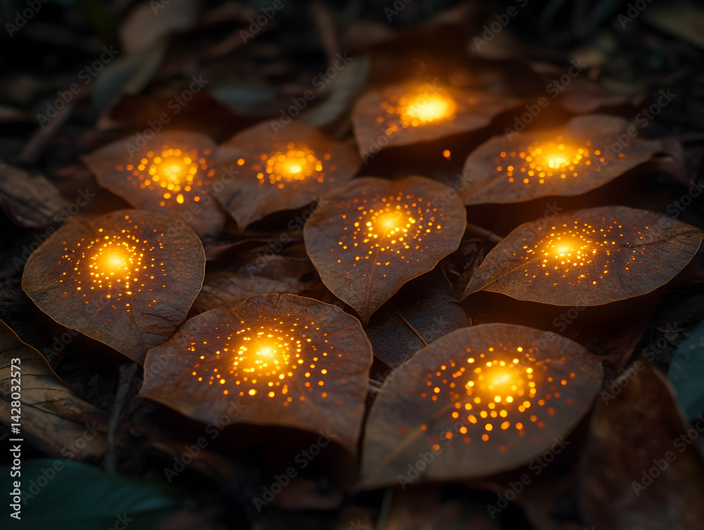 Fototapeta premium Glowing leaves in dark forest Warm light emanates from the center of each leaf radiating outwards