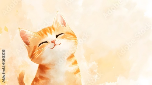水彩画の背景にオレンジ色の猫が微笑んでいる愛らしい動物の肖像画