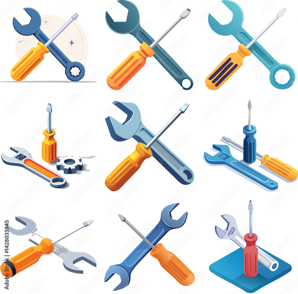 Obraz premium Screwdriver and Wrench tools construction support fix maintenance equipment 