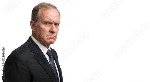 A serious businessman in a sharp suit and tie, exuding confidence and professionalism in a corporate setting.