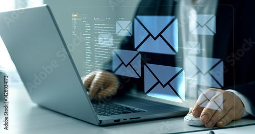 Email digital marketing concept.Person reading e-mail on laptop computer.Inbox with email marketing strategy digital screen.