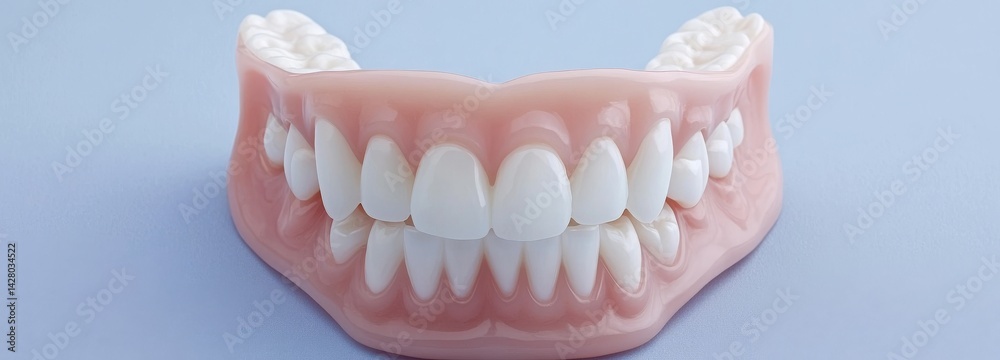 Obraz premium A dentistry banner features a close-up shot of a woman's smile, highlighting her white healthy teeth against a light background