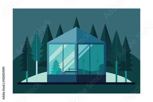 a bathroom made entirely of glass in the middle of a forest