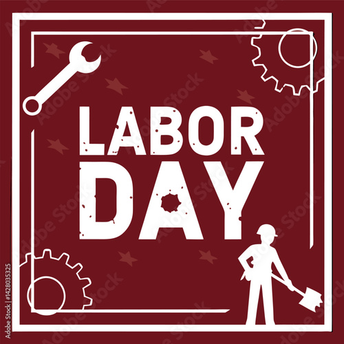 White Labor Day Text with Tools and Worker Silhouette on Brown Background