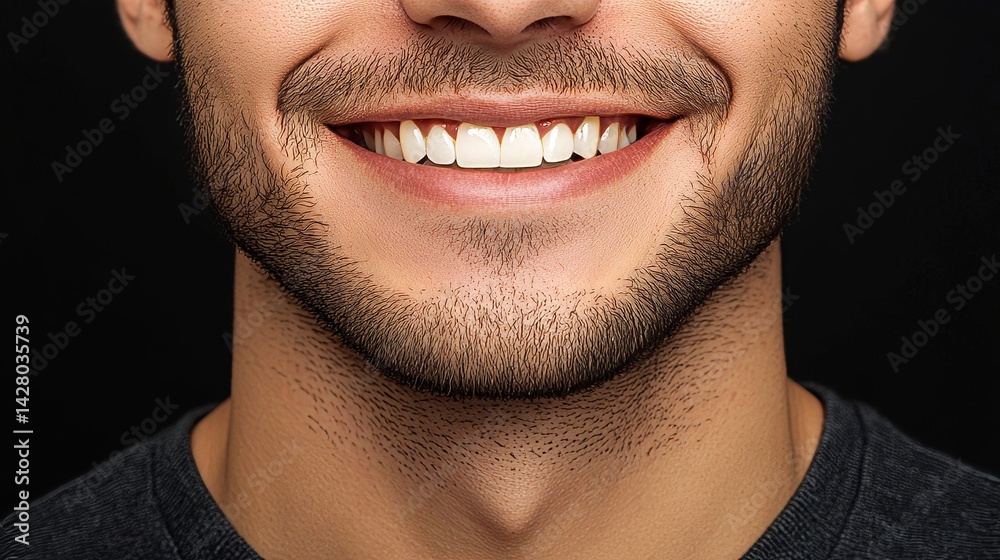 Fototapeta premium A man's smile is showcased after undergoing teeth straightening and whitening procedures, highlighting the ideal shape of his upper jaw teeth following veneer or brace installation, in a close-up