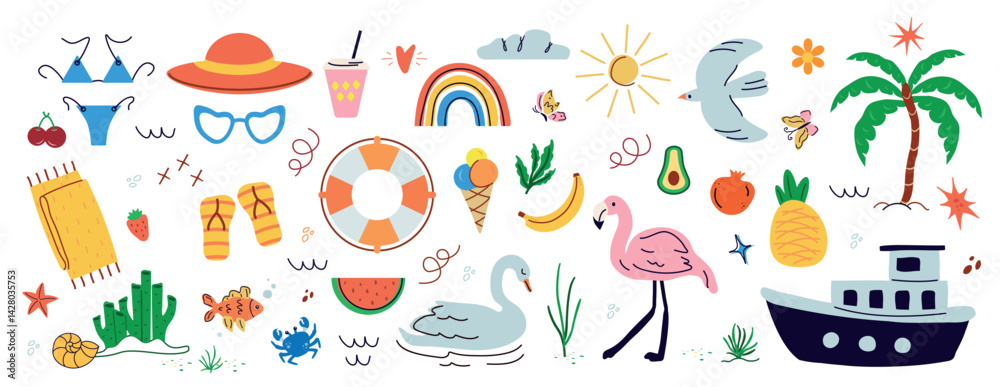 Summer, a set of trend elements: sun, pineapple, palm tree, dessert, ice cream, drinks. Fashionable modern art. Cartoon, minimalistic, abstract modern style. art template for summer postcards, banners Summer, a set of trend elements: sun, pineapple, palm tree, dessert, ice cream, drinks. Fashionable modern art. Cartoon, minimalistic, abstract modern style. art template for summer postcards, banners