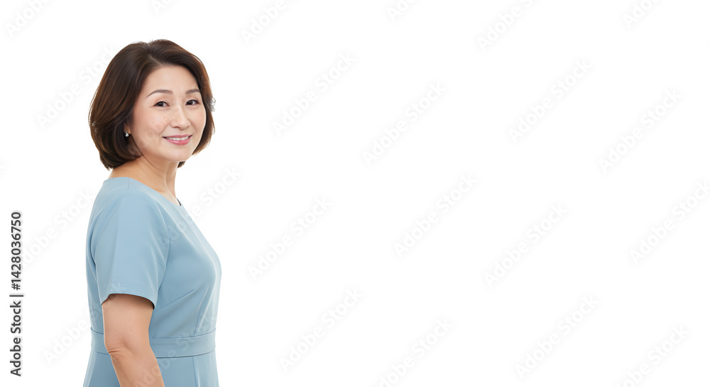 A confident and elegant mature woman in a stylish blue dress, exuding grace and poise against a clean white background. A confident and elegant mature woman in a stylish blue dress, exuding grace and poise against a clean white background.
