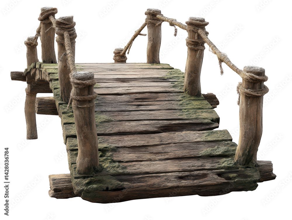 Obraz premium Old weathered wooden bridge with rope railings rustic design 3d sea aged on transparent background