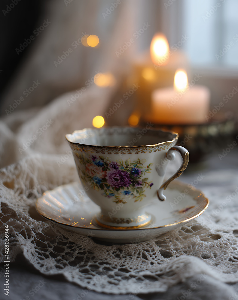 Fototapeta premium Vintage Floral Teacup on Lace with Soft Candlelight