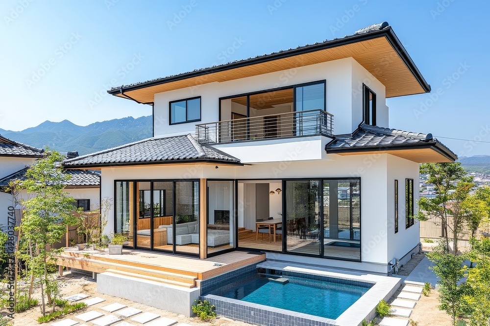 Fototapeta premium Two-story modern house in Japan with white walls, gray tile roof, terrace, and balcony under a blue sky, photographed from outside.