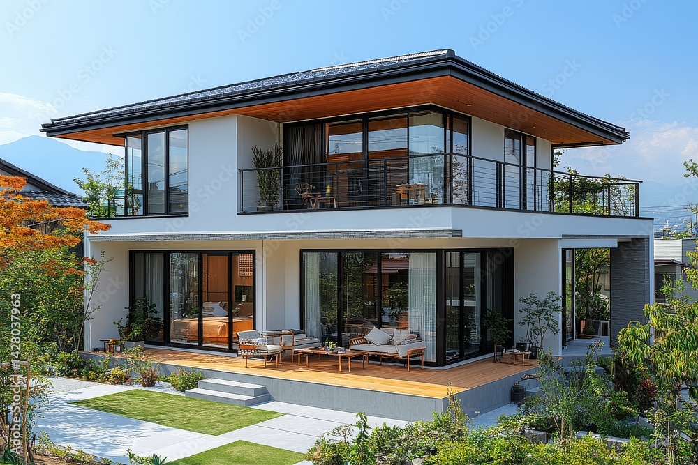Two-story modern house in Japan with white walls, gray tile roof, terrace, and balcony under a blue sky, photographed from outside. Two-story modern house in Japan with white walls, gray tile roof, terrace, and balcony under a blue sky, photographed from outside.