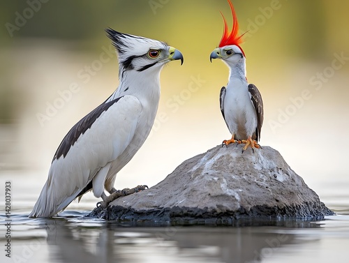 Majestic White Hawk and Red-Crested Bird on Rock by Water