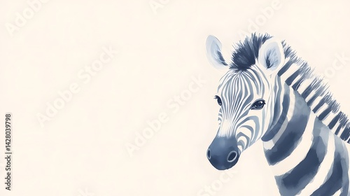 単色背景に描かれた水彩シマウマの肖像画 穏やかな色合いで描かれた野生動物の頭部クローズアップ photo