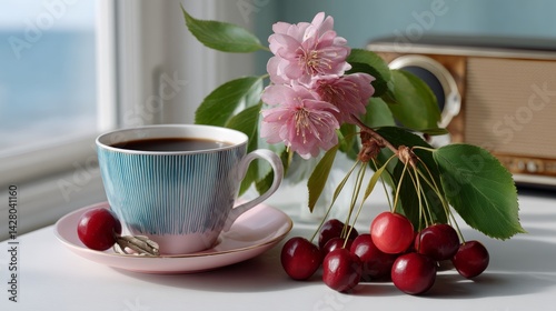 Cup of coffee is on a saucer next to a vase of pink flowers and a bowl of red cherries. Concept of relaxation and indulgence, as the viewer is presented with a warm beverage, beautiful flowers