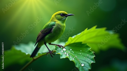 Peaceful bird in lush green forest scene