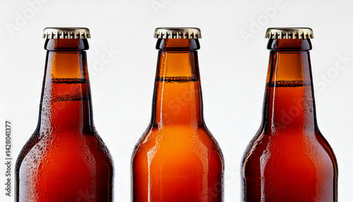 Obraz na płótnie Three amber glass beer bottles with condensation droplets stand side by side, showcasing blank label spaces for custom design. bottles are capped and set against neutral background w salonie