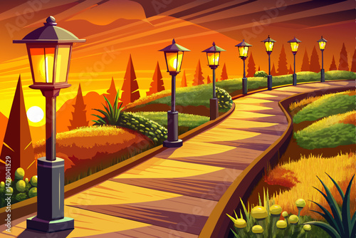 illustration Row of modern outdoor pathway lights illuminating a curved garden path vector