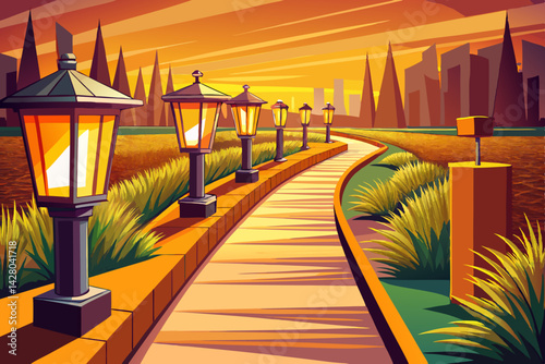 illustration Row of modern outdoor pathway lights illuminating a curved garden path vector
